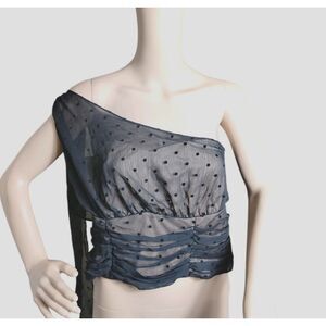 Torrid Cropped Top Woman's Medium Large Black Chiffon Flocked One Shoulder‎ Dots